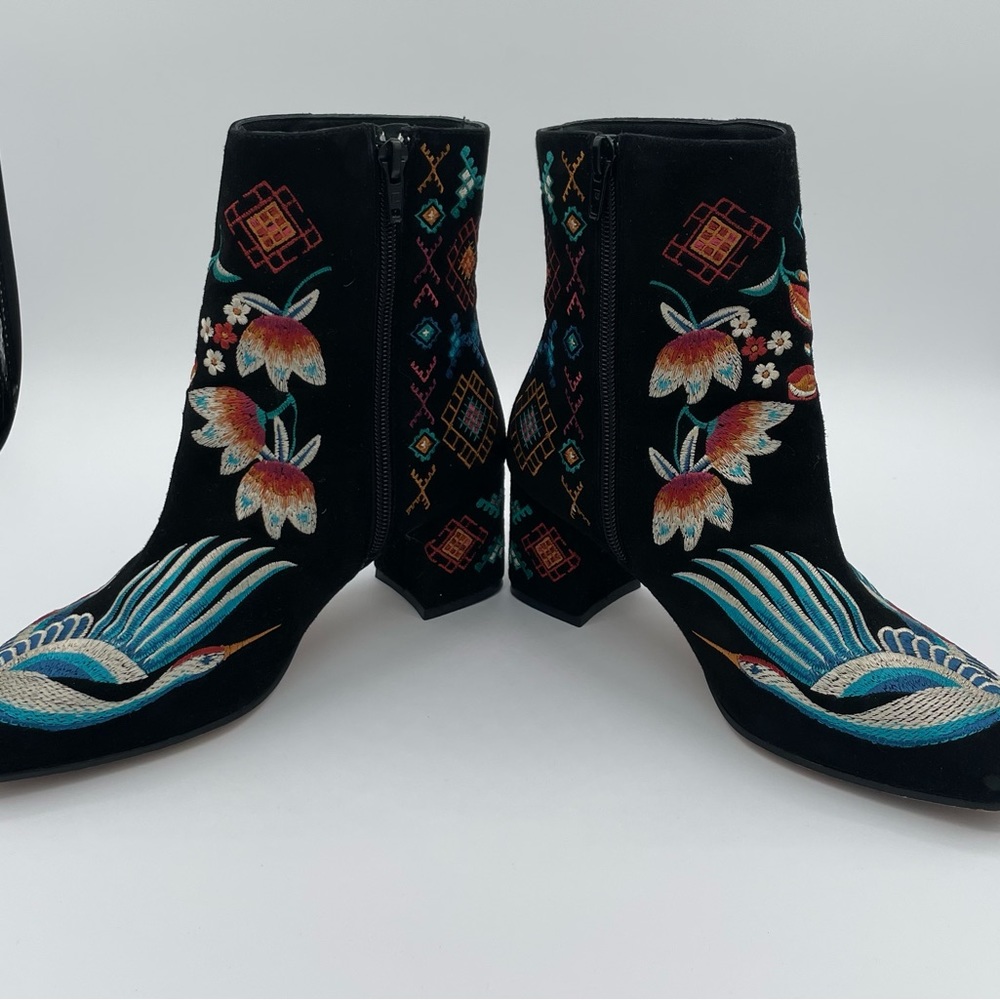 Embroidered Black Velvet Ankle Boots with Multicolor Floral Accents - Picture 6 of 16